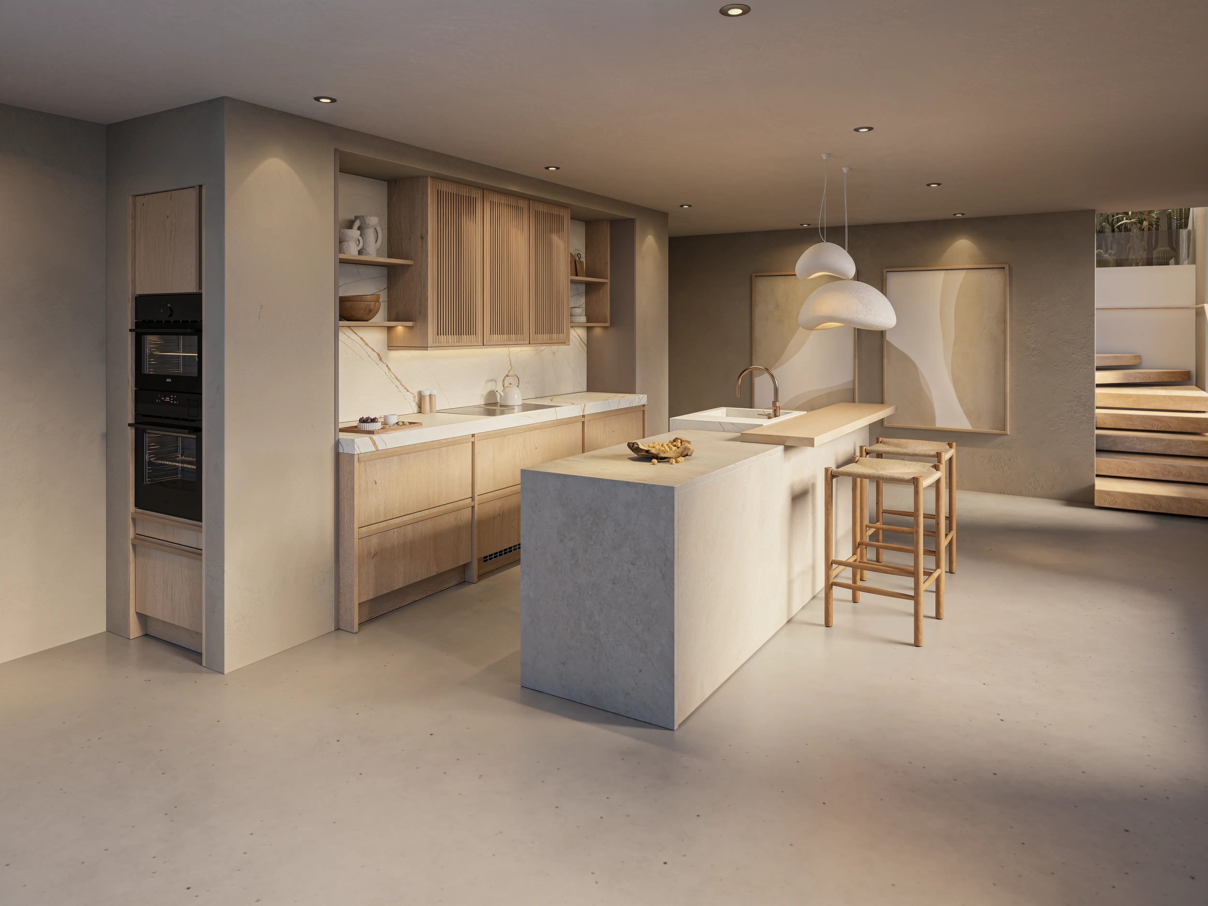 Keuken in natuurtinten met lichte houtlook en kookeiland